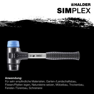 Halder Simplex Schonhammer Ø 40 mm mit blauem TPE-soft und schwarzem Gummi-Einsatz, Fiberglasstiel. Für sensible Arbeiten.
