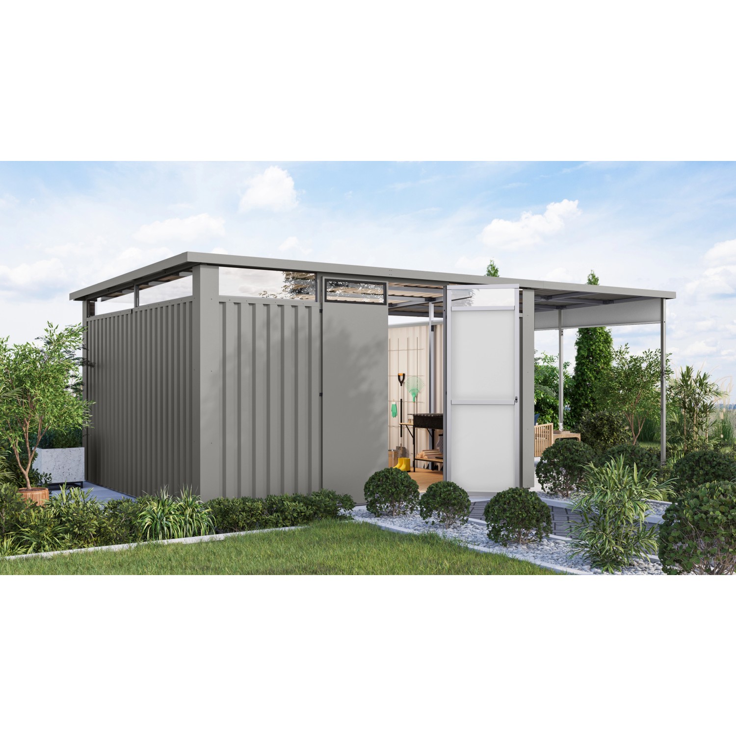 Karibu Gartenhaus Amato 4 m. Anbaudach Graualuminium 220 x 375,5 x 342 cm günstig online kaufen