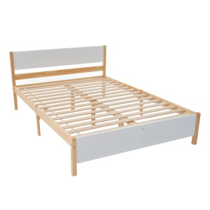 okwish Holzbett 140x200 mit Lattenrost, Kiefernholz natur und weißem Kopfteil.