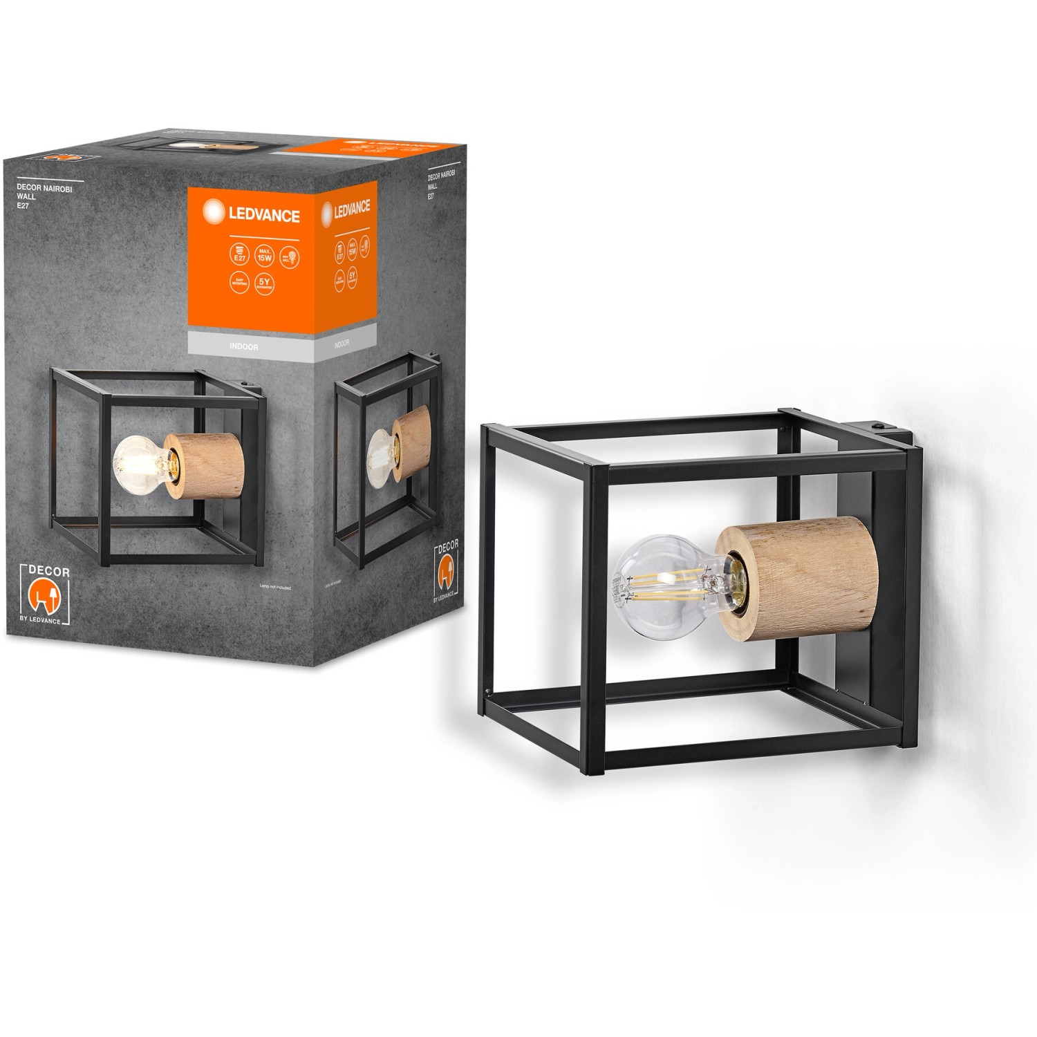 Ledvance Wandlampe Decor Nairobi, schwarz, 17 cm. Metallrahmen mit Holzelement und E27 Fassung.