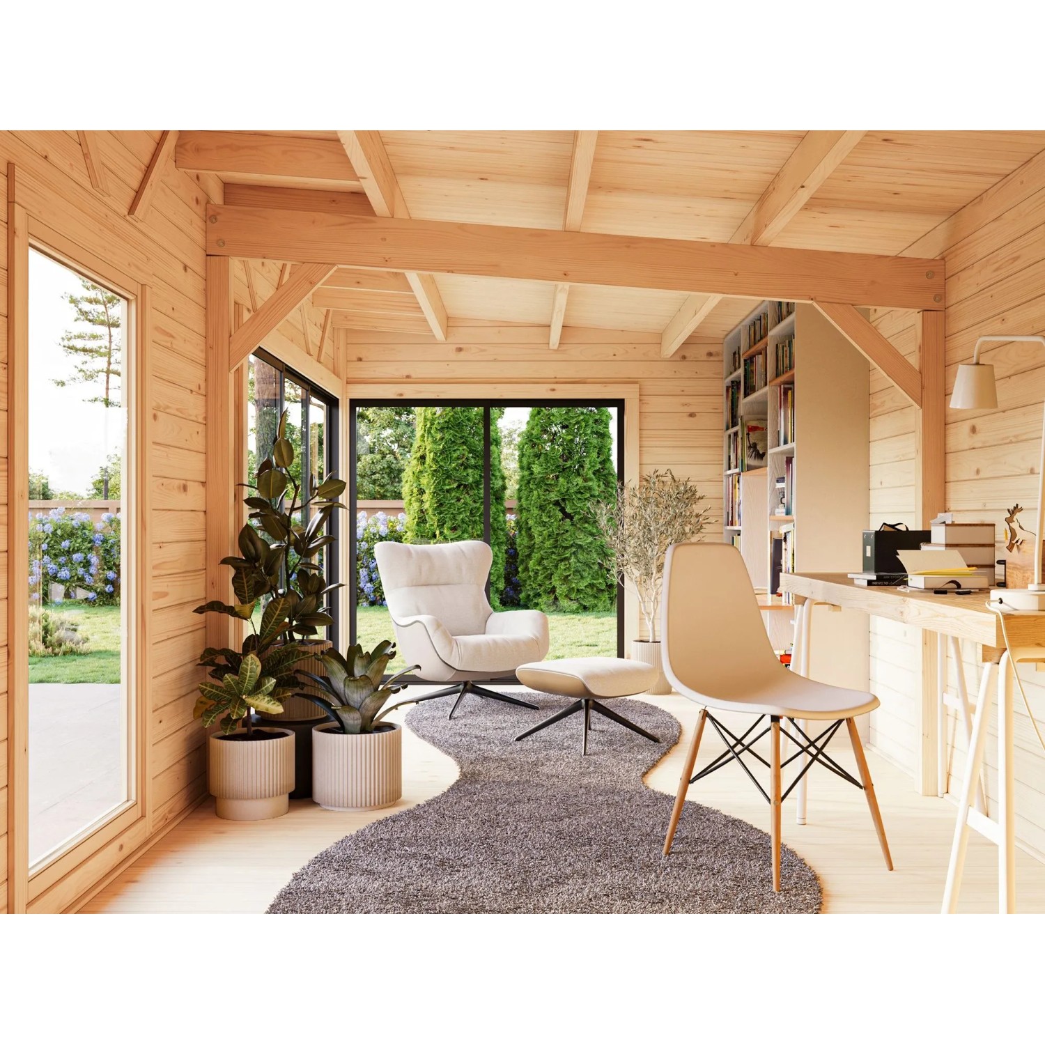 Innenansicht: Hellgraues Palmako Holz-Gartenhaus mit Pultdach als Wohnraum mit Möbeln und Pflanzen.