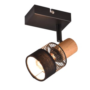 Schwenkbarer Trio Spot Nandini, 1-flammig, schwarz matt mit Stoffschirm und Holzelement.