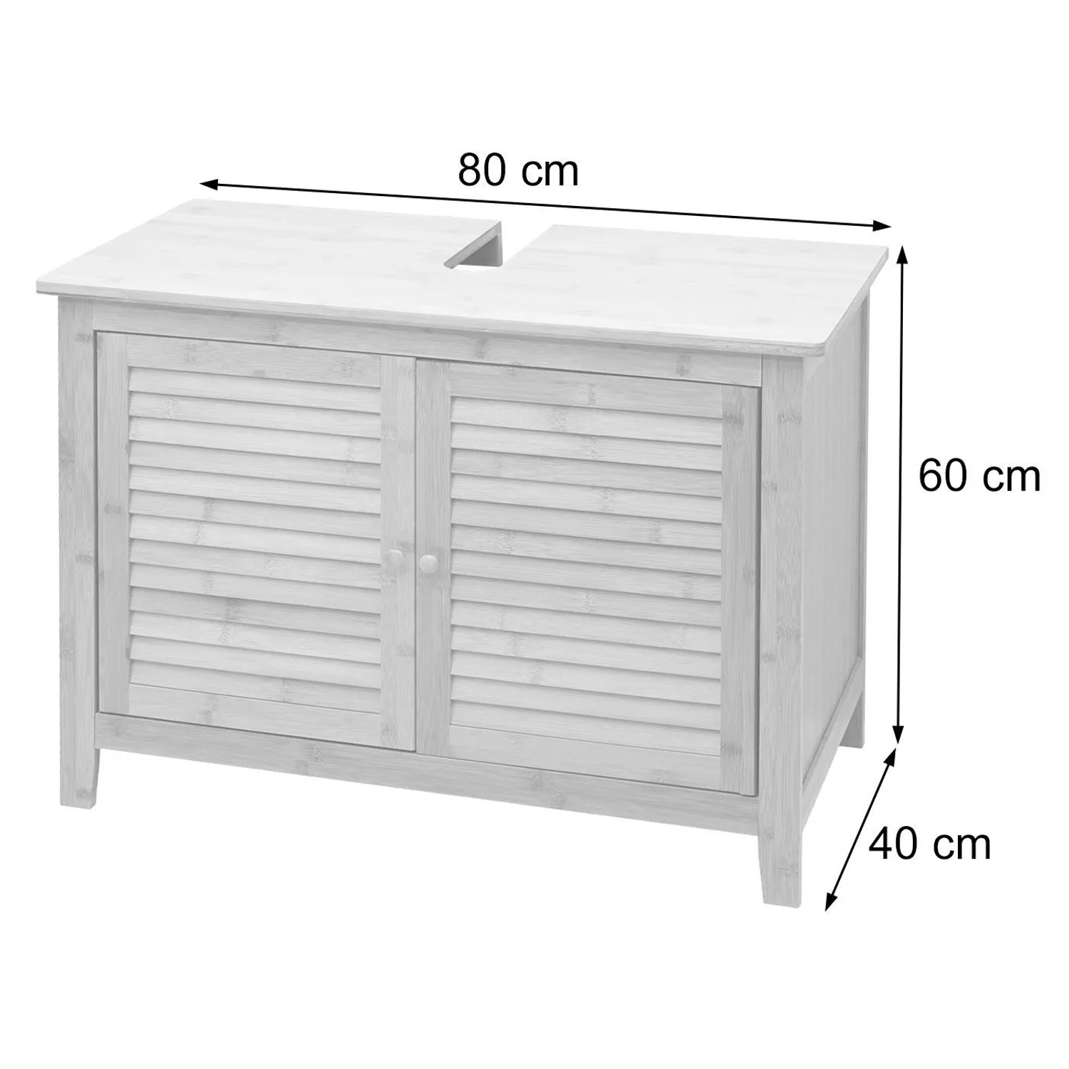 Heller Bambus Waschbeckenunterschrank mit zwei Lamellentüren, Siphon-Aussparung. Maße: 60x80x40cm.