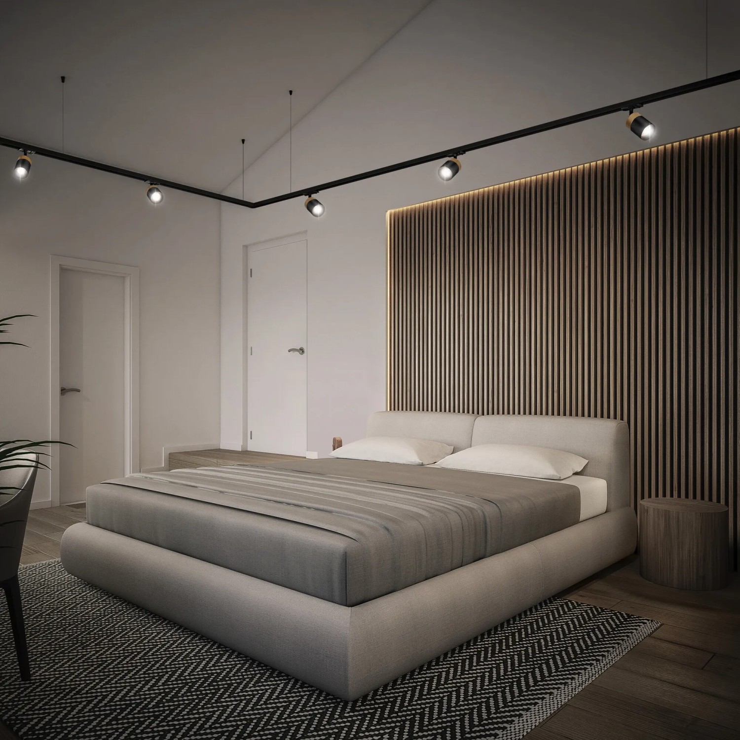 Schienensystem mit Ledvance Spot in Weiß-Gold über einem Schlafzimmer mit Bett und Holzpaneel.