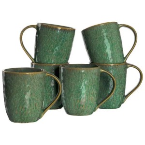Sechs grüne Leonardo Matera Kaffeebecher aus Steingut, 430 ml, mit Effekt-Glasur und goldenen Henkeln im Set.