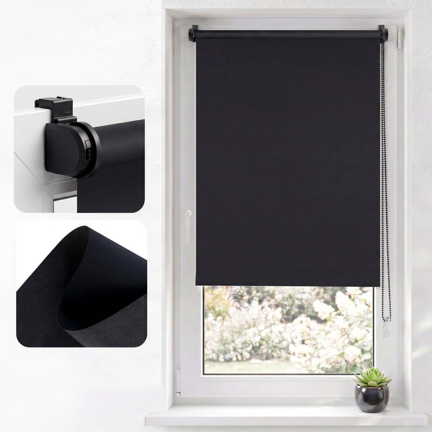 Schwarzes SALCAR Verdunkelungsrollo mit Klemmfix-Montage am Fenster. Blickdichter Thermostoff, Kettenzug.