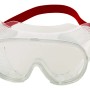Vollsicht-Schutzbrille mit transparenten Polycarbonat-Scheiben und rotem Gummiband.