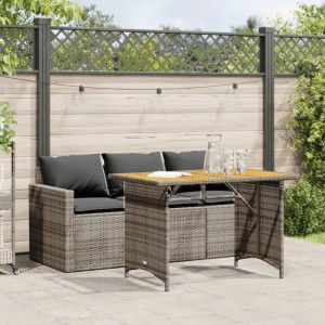 Graue 2-tlg. Garten Essgruppe aus Polyrattan mit Tisch und 3-Sitzer Sofa inklusive Kissen.