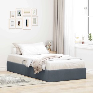 Dunkelgraues Samt-Aufbewahrungsbett 90x200 cm mit Kopfteil. Modernes Einzelbett mit integriertem Stauraum.
