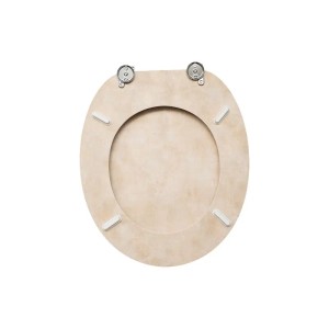 SINOBATH WC Sitz mit Absenkautomatik, beiger MDF Holzkern. Unterseite mit Metallscharnieren und weißen Puffern.