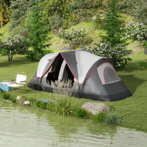 Graues Outsunny Campingzelt für 8 Personen mit zwei Schlafzimmern und Zubehör.