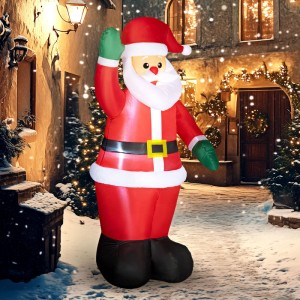 Aufblasbarer Outsunny Weihnachtsmann, rot, winkend, mit LED-Beleuchtung im verschneiten Garten. Festliche Weihnachtsdeko.