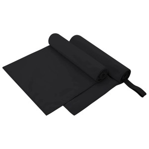 Zwei schwarze vidaXL Sporthandtücher, 100x50 cm, gerollt und gefaltet.