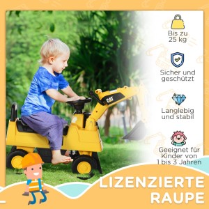 Kleines Kind fährt gelben HOMCOM Sitzbagger mit beweglicher CAT Schaufel im Garten. Kinder Bagger Spielzeug Quad.