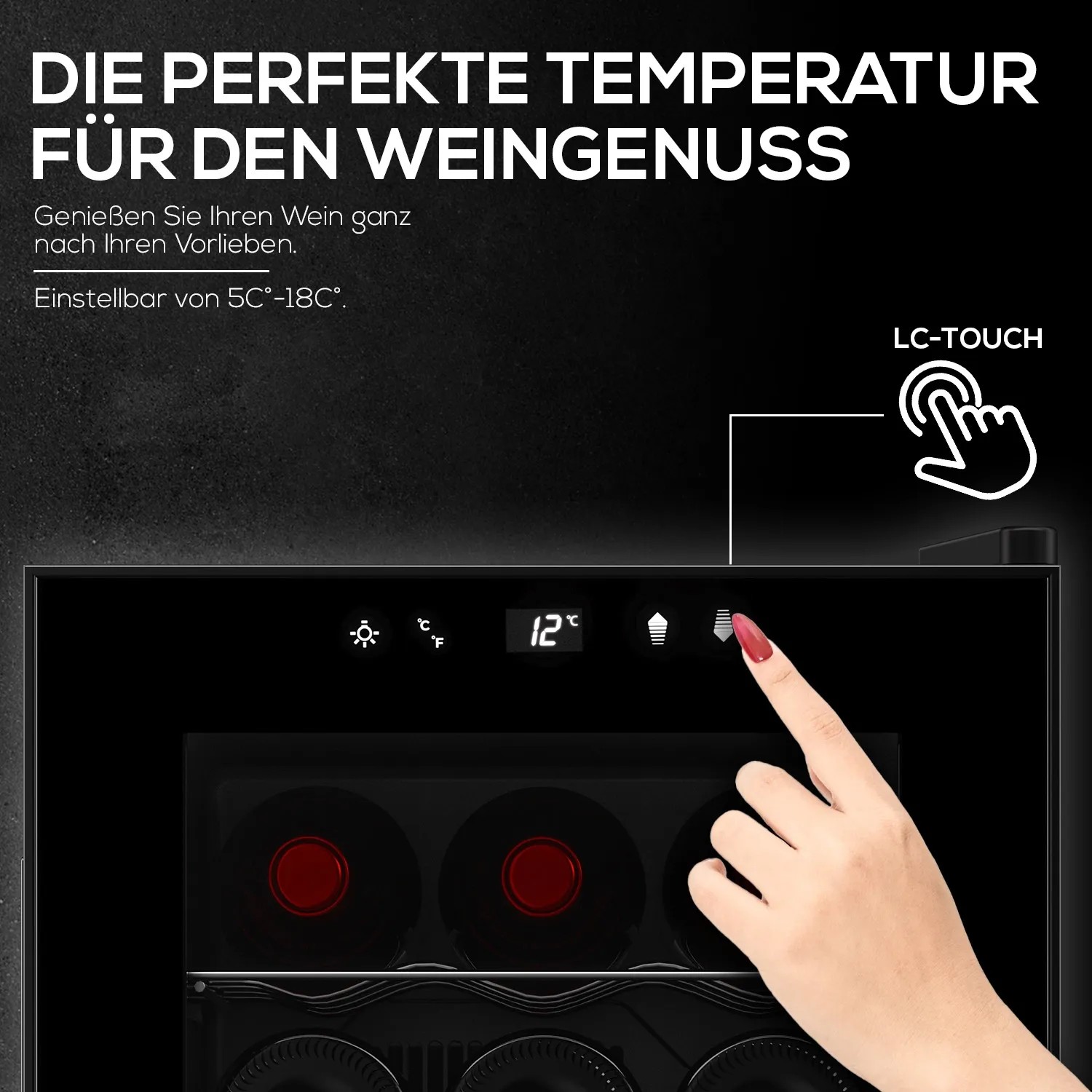 Detailaufnahme: TroniTechnik Weinkühlschrank mit digitaler Temperaturanzeige und Touch-Bedienfeld.