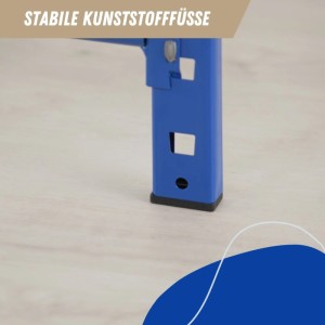 Detailaufnahme: Lichtblaues PROREGAL Reifenregal Maximus mit stabilen Kunststofffüßen.