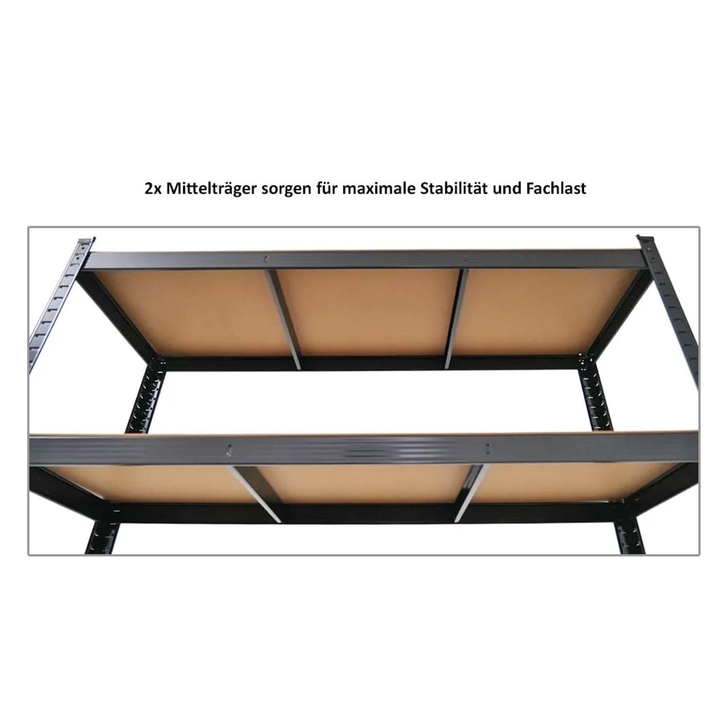 Detailansicht: Schwarzes PROREGAL Schwerlastregal Ragnar mit Fachböden und Mittelträgern.