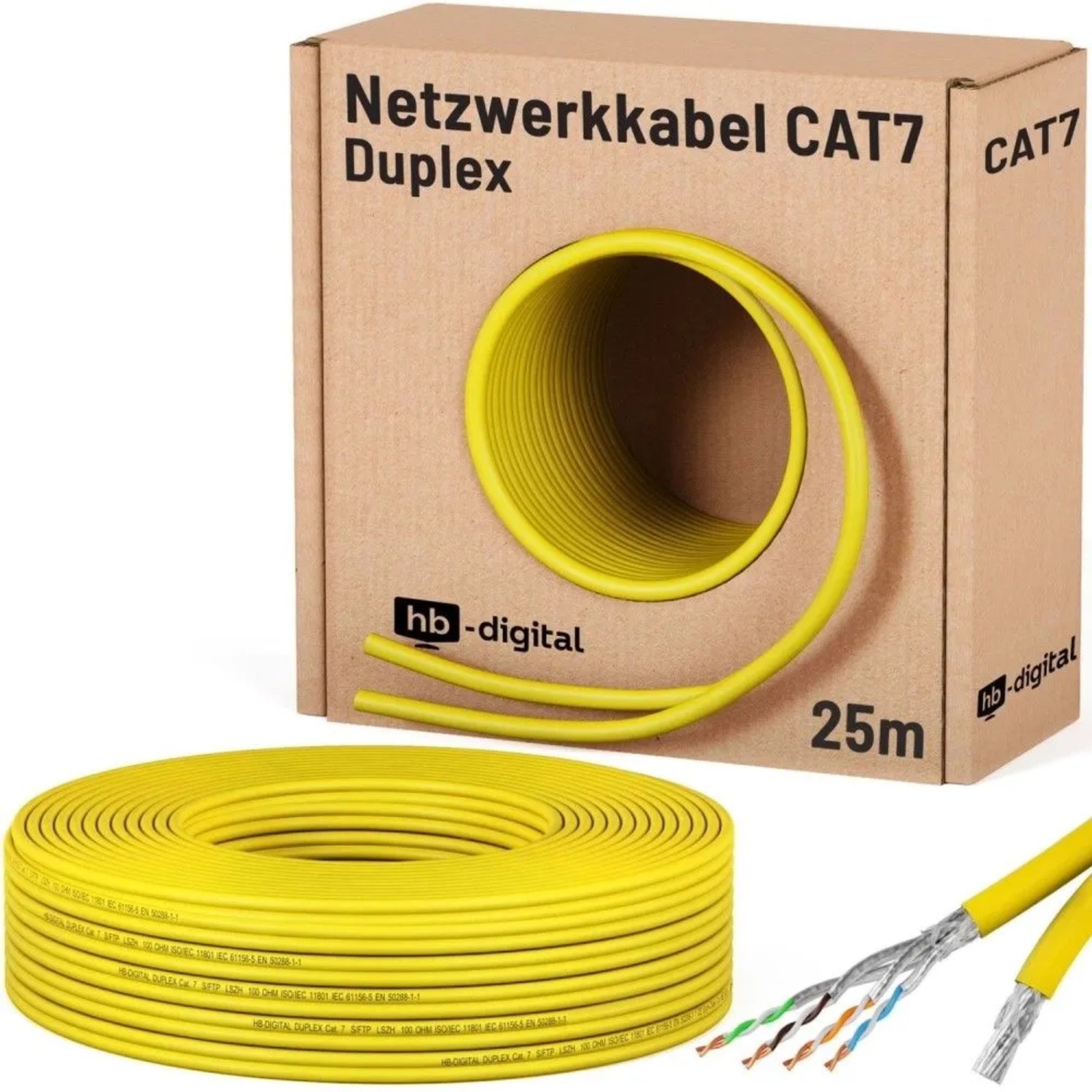 hb-digital CAT 7 Kabel Duplex Ethernetkabel LSZH max. 1000 MHz S/FTP AWG23 25m Gelb