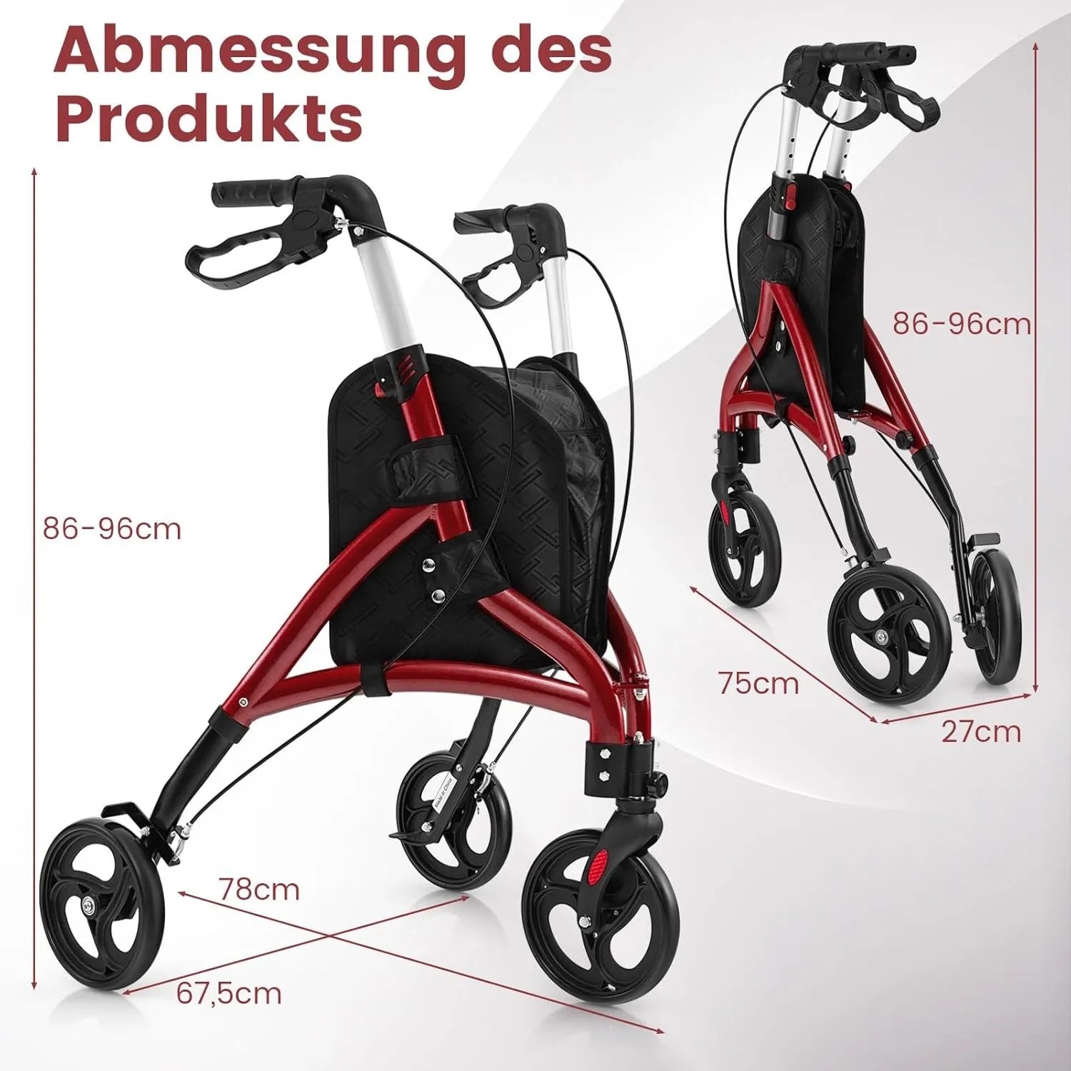 Costway Rollator, schmal, faltbar, rot, mit Maßen im aufgeklappten und zusammengeklappten Zustand.