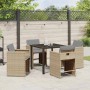 Beige 5-tlg. Garten Essgruppe aus Poly Rattan mit Tisch und Stühlen mit grauen Auflagen.