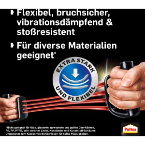 Pattex Sekundenkleber Ultra Gel: Hände ziehen Gummiband, das die Flexibilität des Klebers symbolisiert.