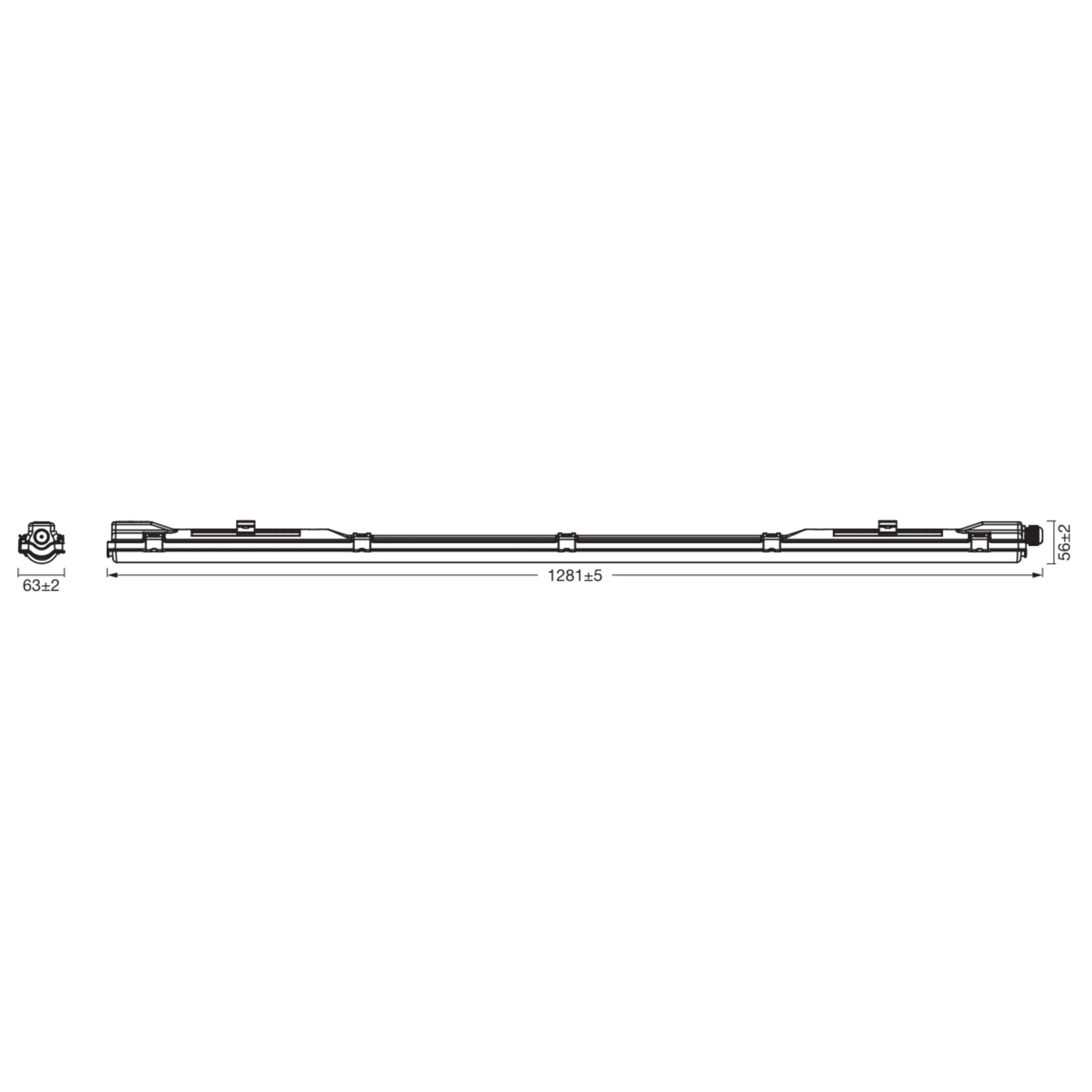 Technische Zeichnung der Osram LED-Feuchtraumleuchte DampProof Val Plus, 128,1 cm Länge.