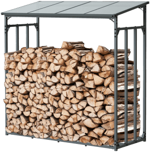 Anthrazit Kaminholzregal aus Metall für Außen, gefüllt mit Holz, inklusive Ofenhandschuh.