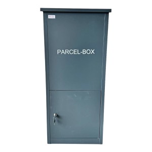 Anthrazitfarbene Jet-Line Paketbox aus Metall, abschließbar, mit "PARCEL-BOX" Aufschrift. Sichere Paketablage.