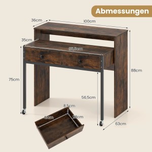 Brauner ausziehbarer Schreibtisch mit Metallrahmen, erhöhter Ablage und zwei Schubladen, Maße angezeigt.