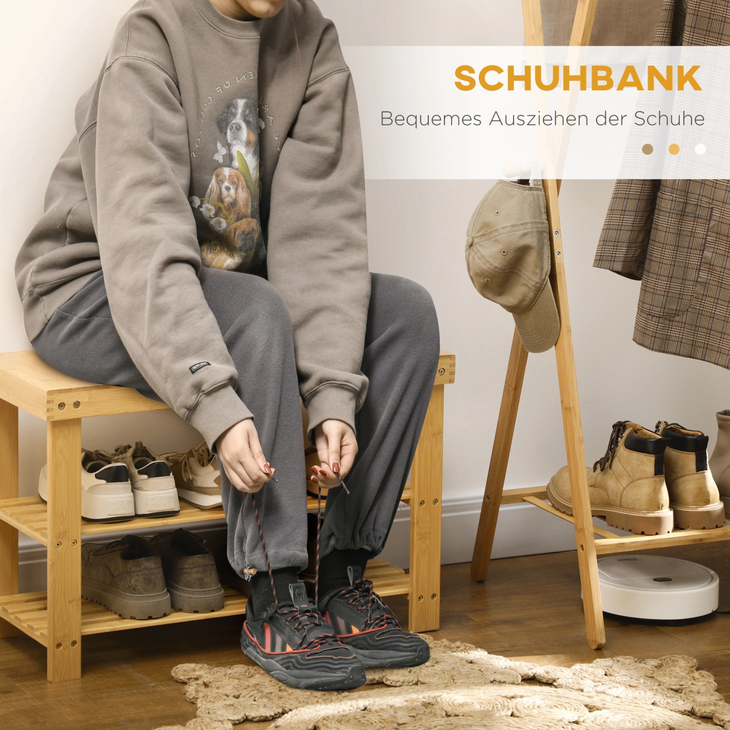 HOMCOM Sitzbank aus Bambus mit 3 Etagen für Schuhe, Naturholzoptik. Person sitzt beim Schuhe binden auf der Bank.