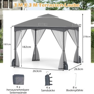 Grauer 3x3m Gartenpavillon mit Moskitonetzen, Sandsäcken und abnehmbaren Seitenwänden. Ideal für Camping & Terrasse.