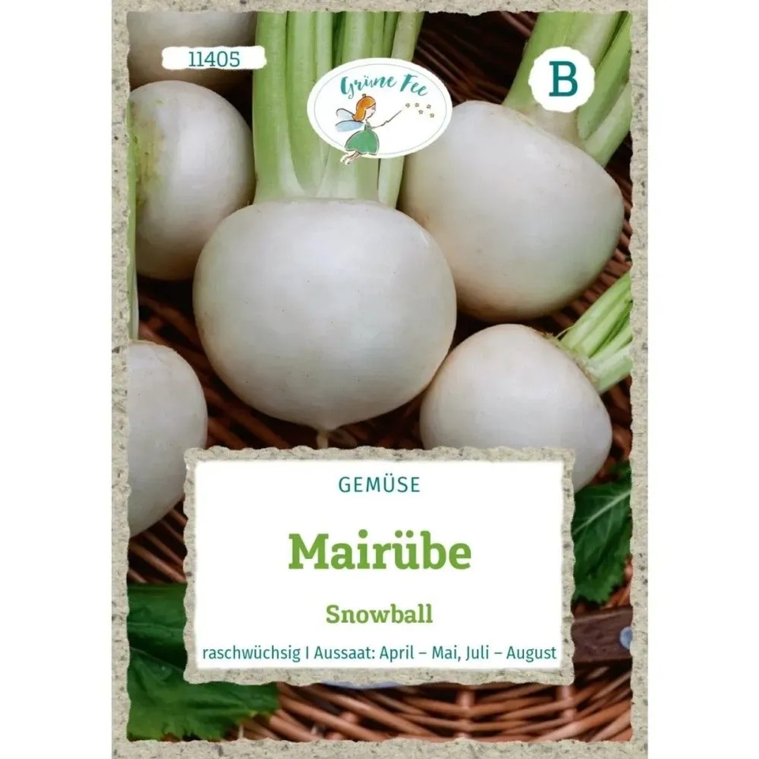 Grüne Fee Mairübe Snowball Gemüsesamen Packung. Weiße, runde Rüben mit grünen Blättern für den Anbau.