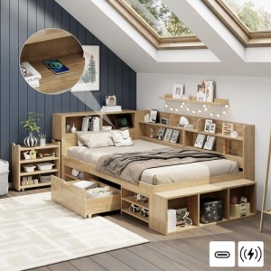 Massivholz Kinderbett 90x200 cm in Natur mit integrierten Regalen, Schubladen und Schränken für viel Stauraum.