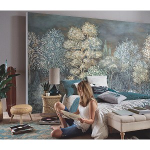 Erismann Fototapete French Forest, 400x270 cm, blau, mit Waldmotiv im Schlafzimmer.