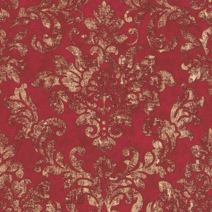 Barock Tapete in Rot-Gold mit Used Look Muster für Wohnräume.