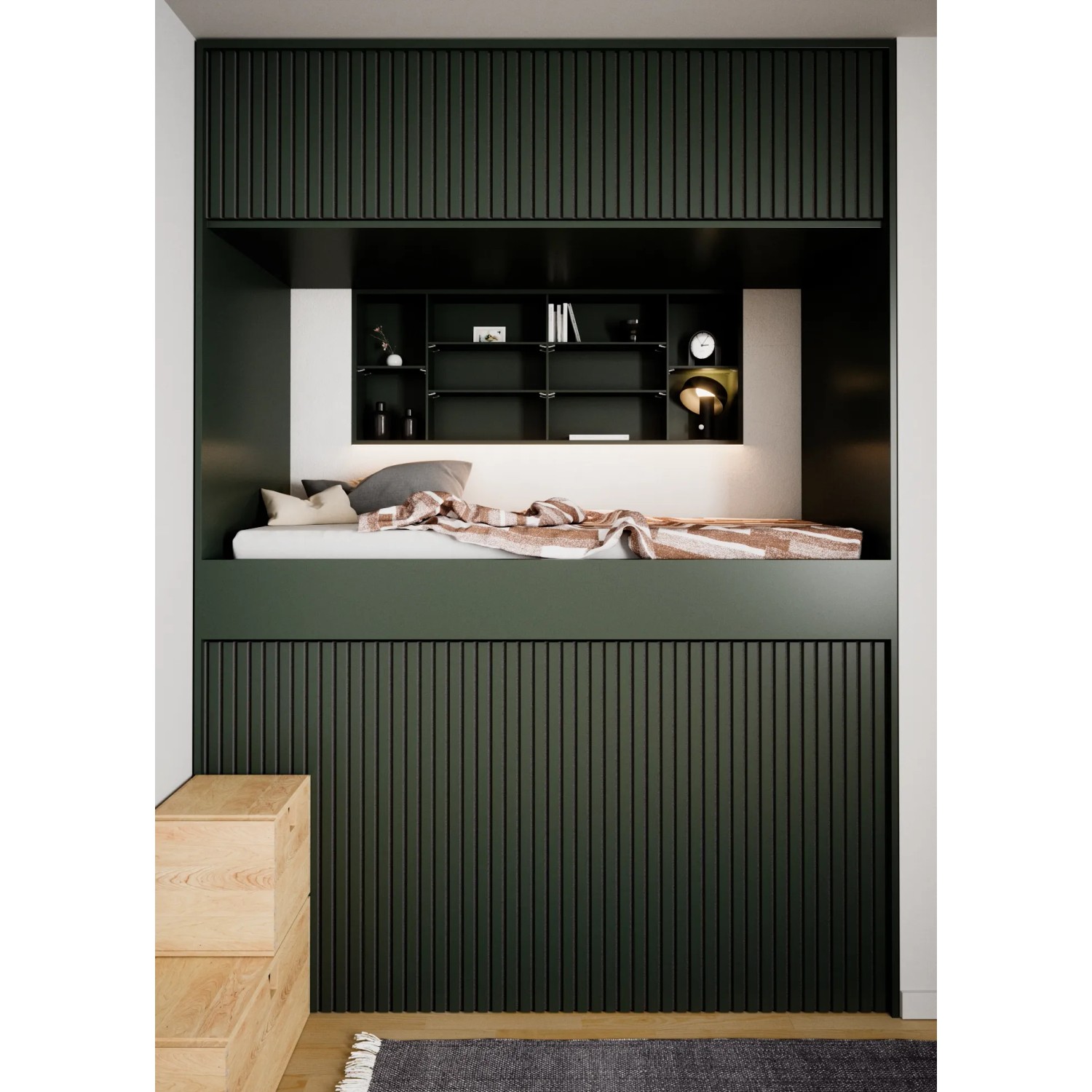 Raumansicht mit montierten, schwarzen Akustikpaneelen Linoleum Conifer Filz an Wand und Decke.