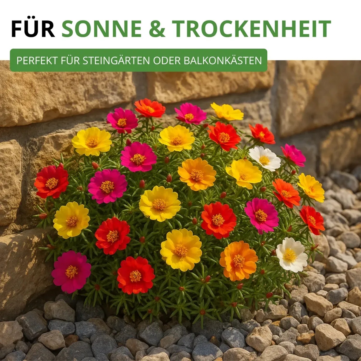 Gefüllte Portulakröschen-Mischung, farbenfrohe Sommerblume für Steingärten und Balkonkästen.