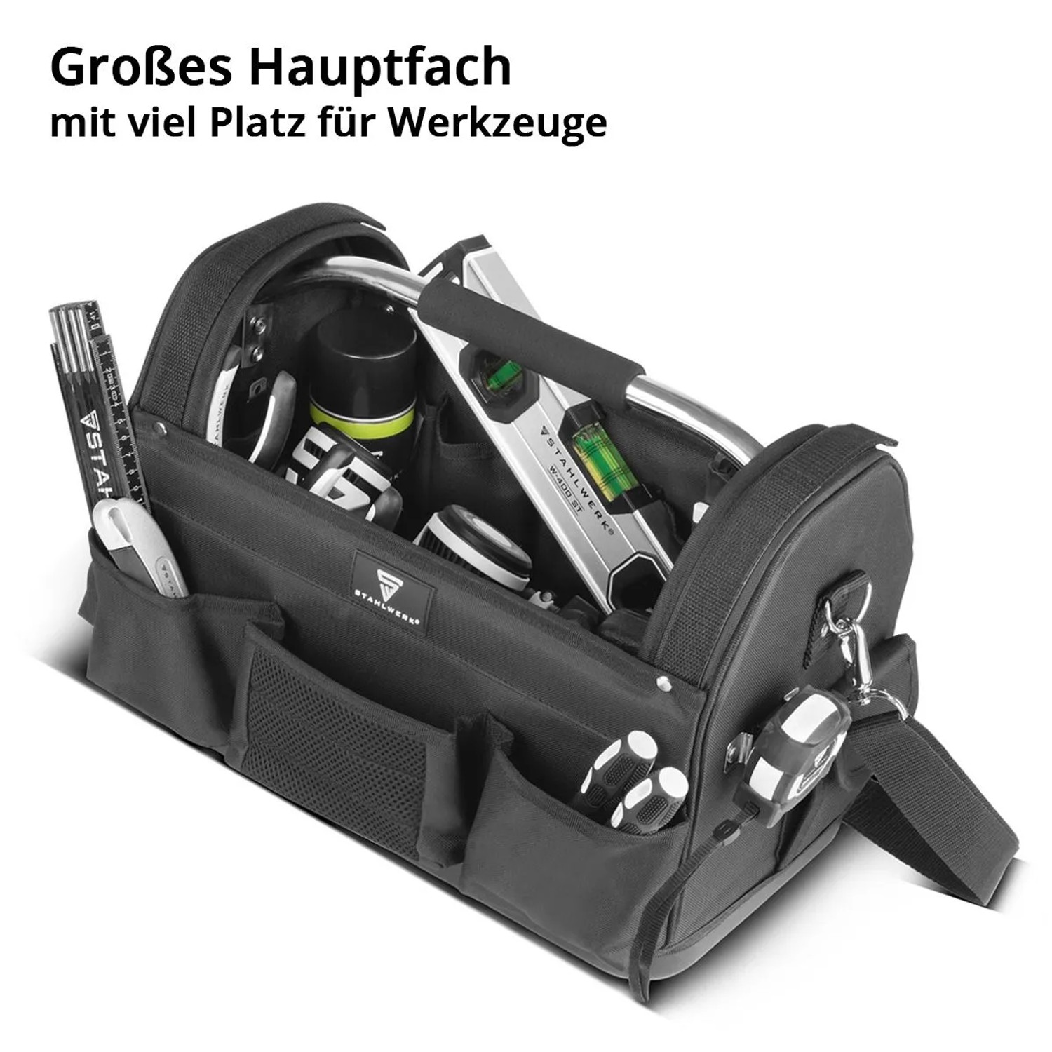 STAHLWERK Werkzeugtasche mit Werkzeug, 11 Außen- & 10 Innentaschen. Installateur Tasche.