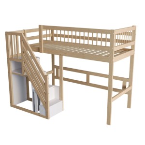 Massivholz-Hochbett 90x200cm mit Treppe, integriertem Stauraum und hohem Sicherheitsgitter in Holzfarbe/Weiß.