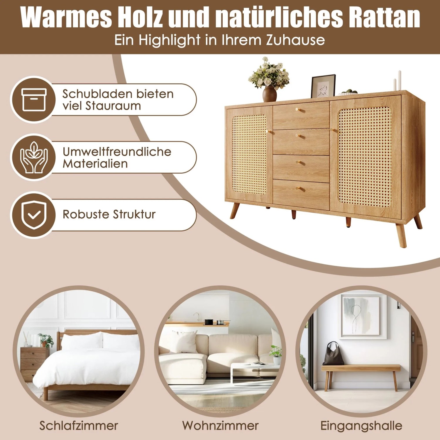 Merax Sideboard 140x40x86cm Rattan Optik Eiche_6