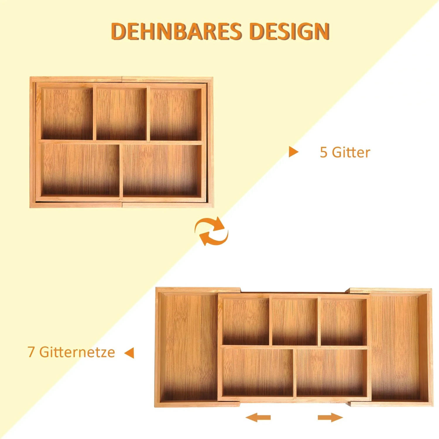 Ausziehbarer Bambus Organizer mit 5/7 Fächern für Schubladen.