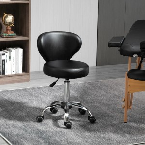 Schwarzer Salonhocker mit Lehne aus Kunstleder, höhenverstellbar und rollbar.