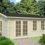 Hellbraunes Palmako Iris Holz-Gartenhaus mit Satteldach, Fenster und Doppeltür. Ideal als Gerätehaus oder Gartenpavillon.