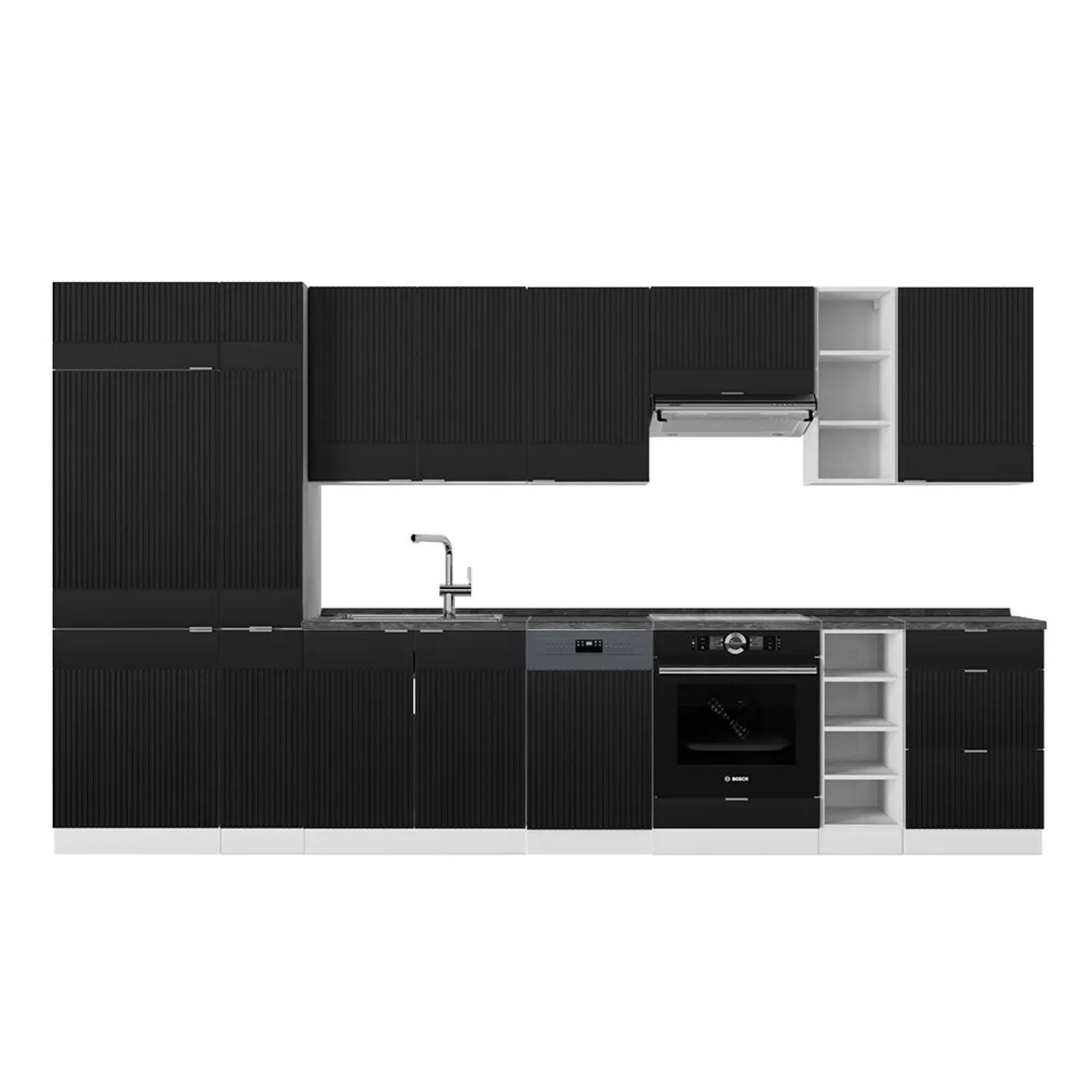 Vicco Fame-Line Küchenzeile Schwarz gestreift/Weiß 355 cm AP Anthrazit ohne E-Geräte