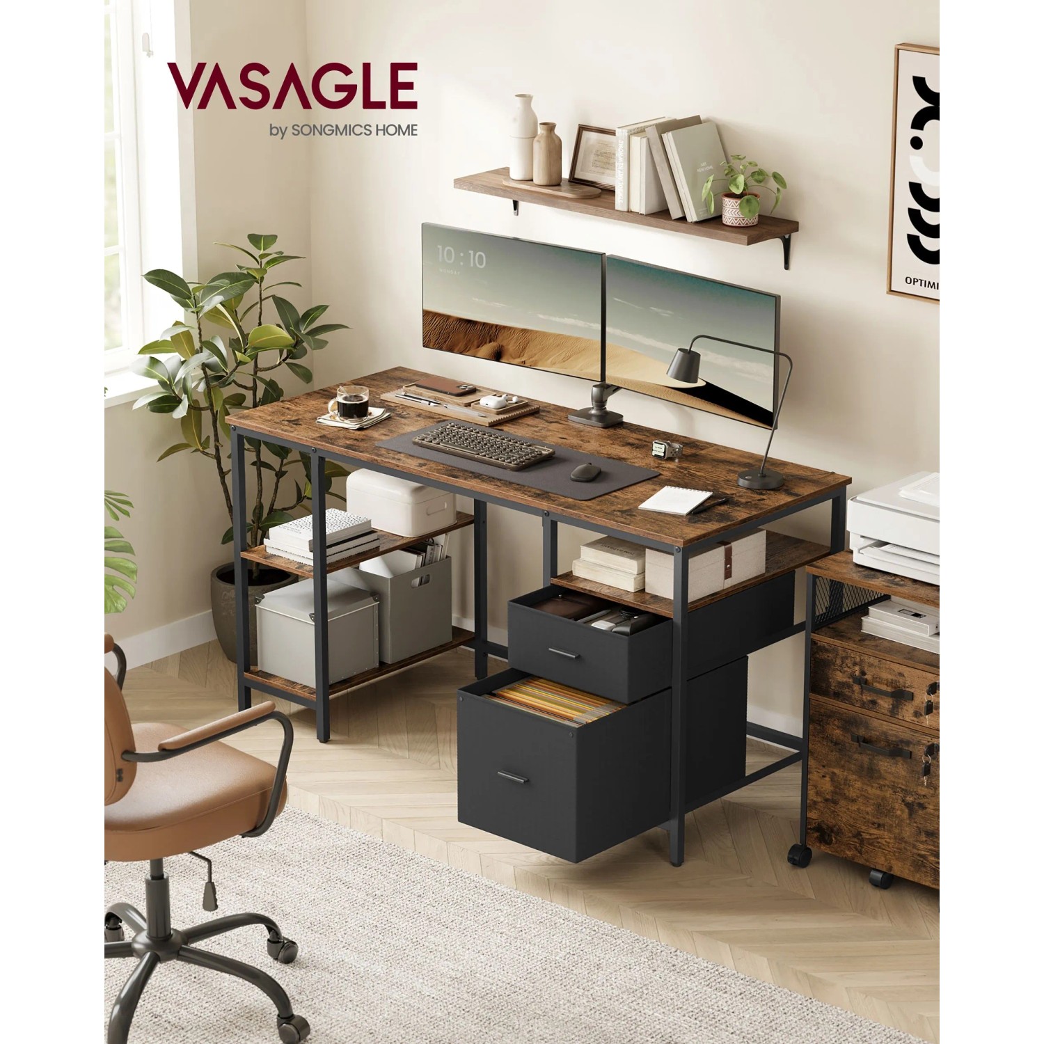 Vasagle Schreibtisch, braun-schwarz, 140 cm breit, mit 3 Ablagen für Büro oder Arbeitszimmer.