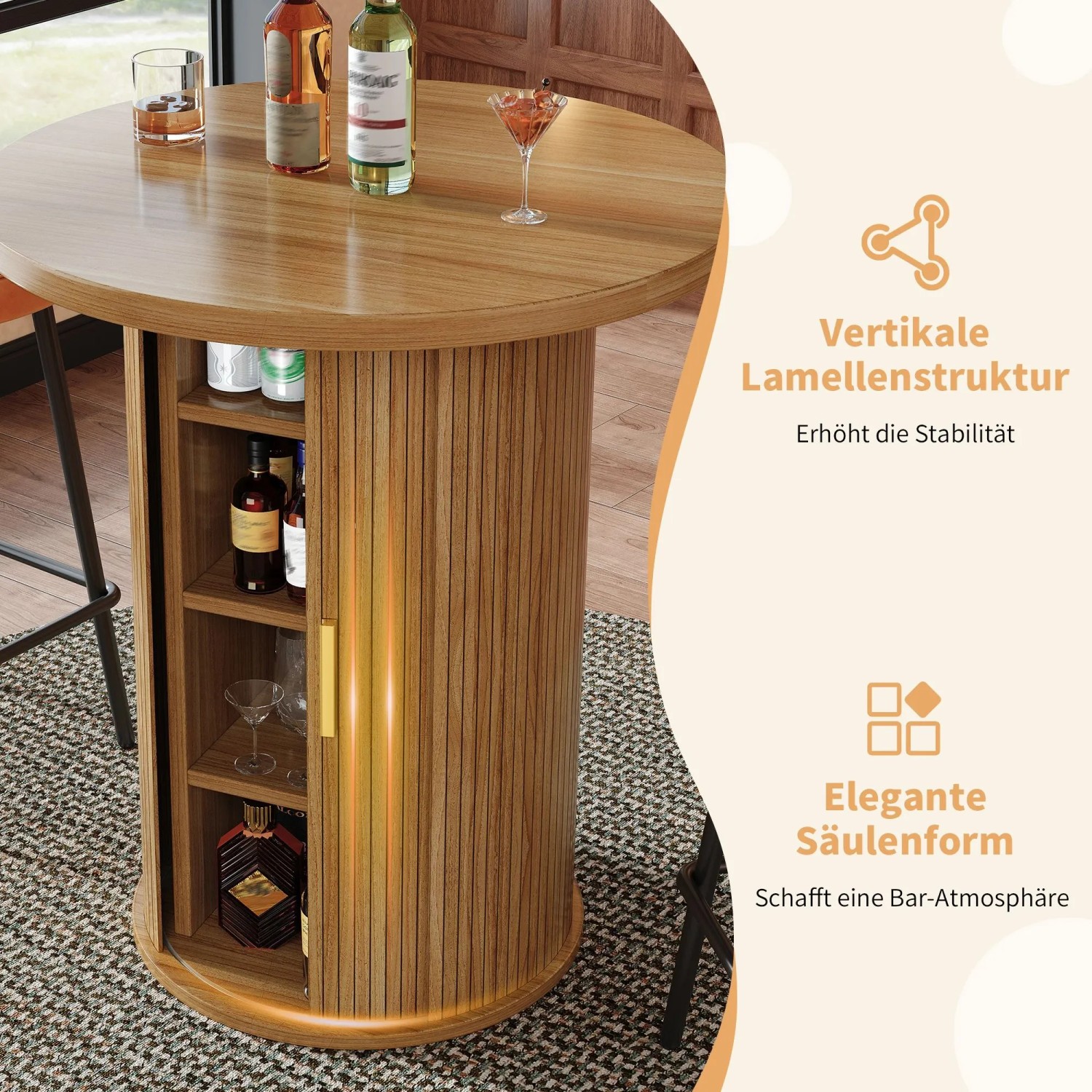 Runder Merax Bartisch in Holzoptik mit Lamellenstruktur, integriertem Stauraum und Schiebetür, dekoriert.