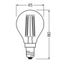 Skizze einer klaren, dimmbaren Osram E14 LED Lampe in Tropfenform mit Maßangaben.