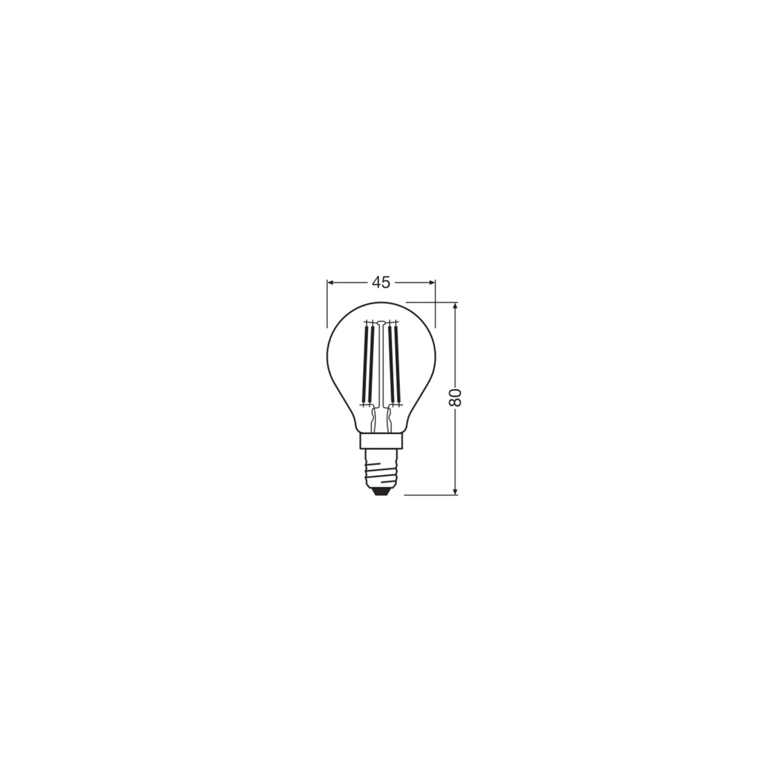 Skizze einer klaren, dimmbaren Osram E14 LED Lampe in Tropfenform mit Maßangaben.