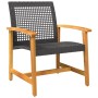 Schwarzer Poly Rattan Gartenstuhl mit braunem Akazienholzgestell. Robuster Outdoor-Stuhl für Terrasse und Garten.