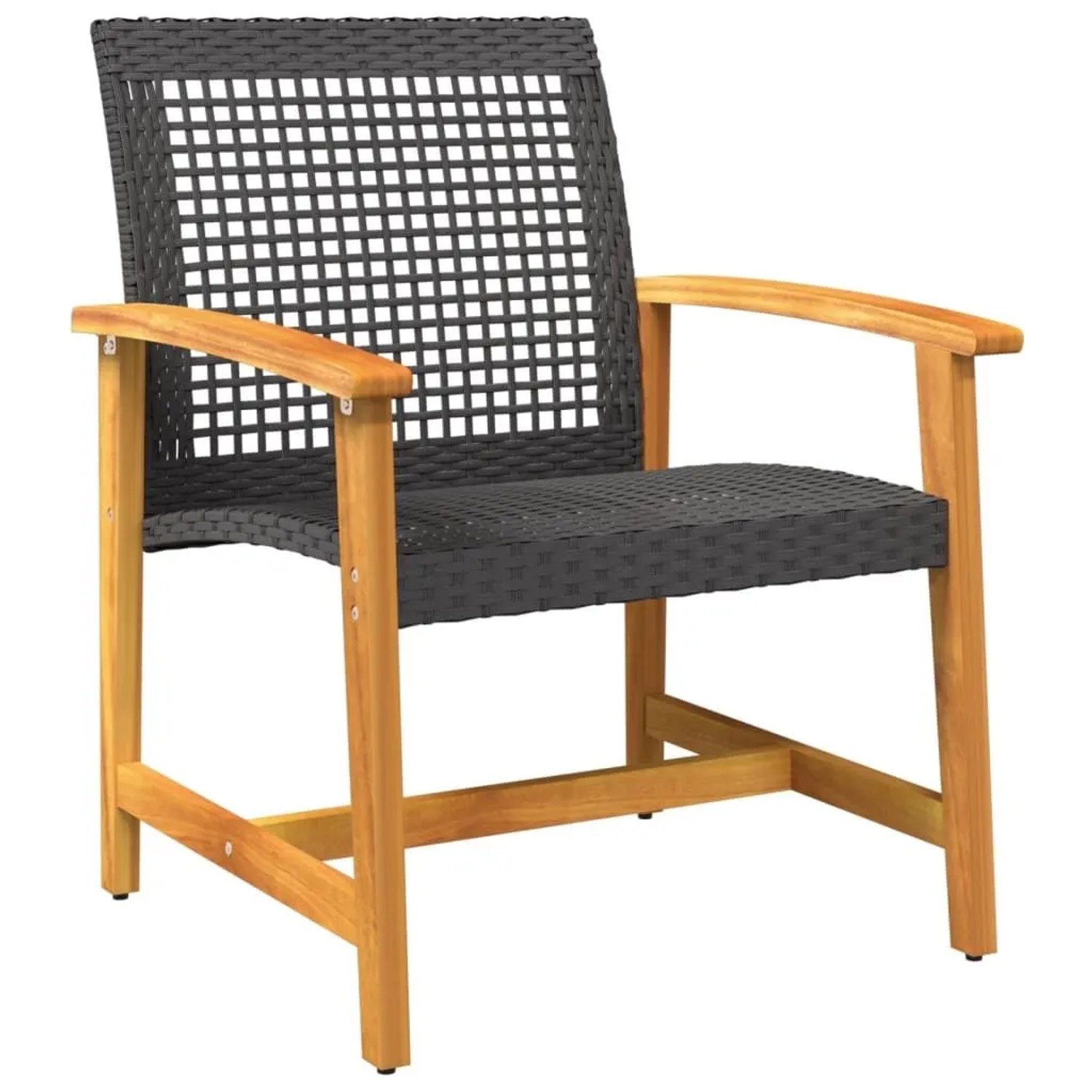 Schwarzer Poly Rattan Gartenstuhl mit braunem Akazienholzgestell. Robuster Outdoor-Stuhl für Terrasse und Garten.